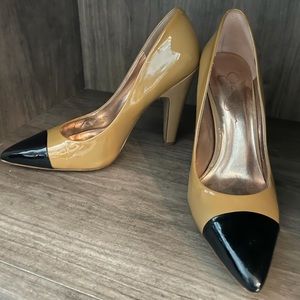 Tan and Black patent leather pumps
